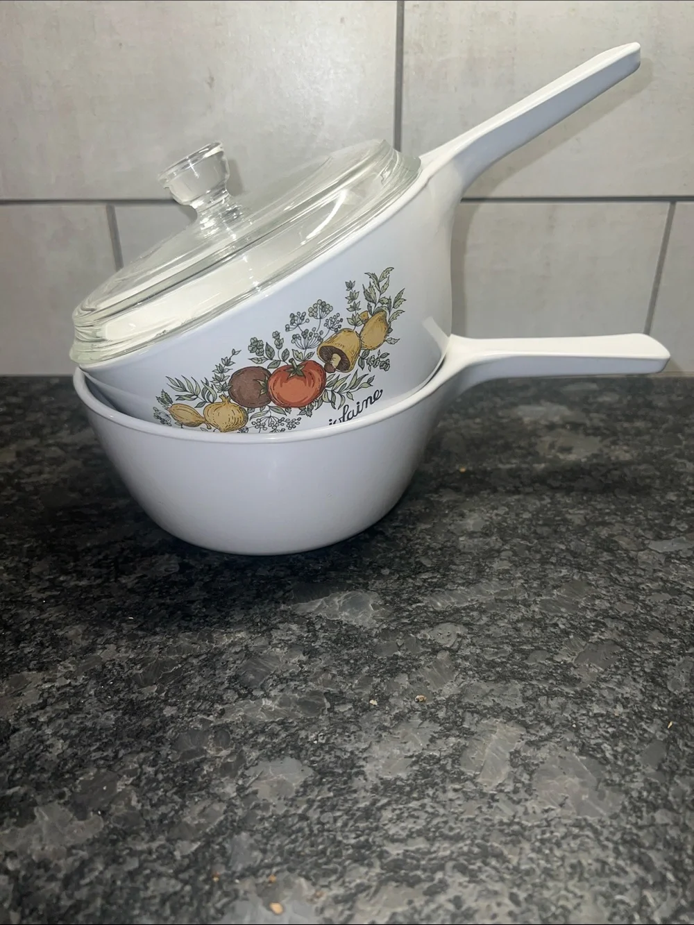 Set of 2 CorningWare White Saucepan w/ 1 Glass Lid - solid white & Spice of Life